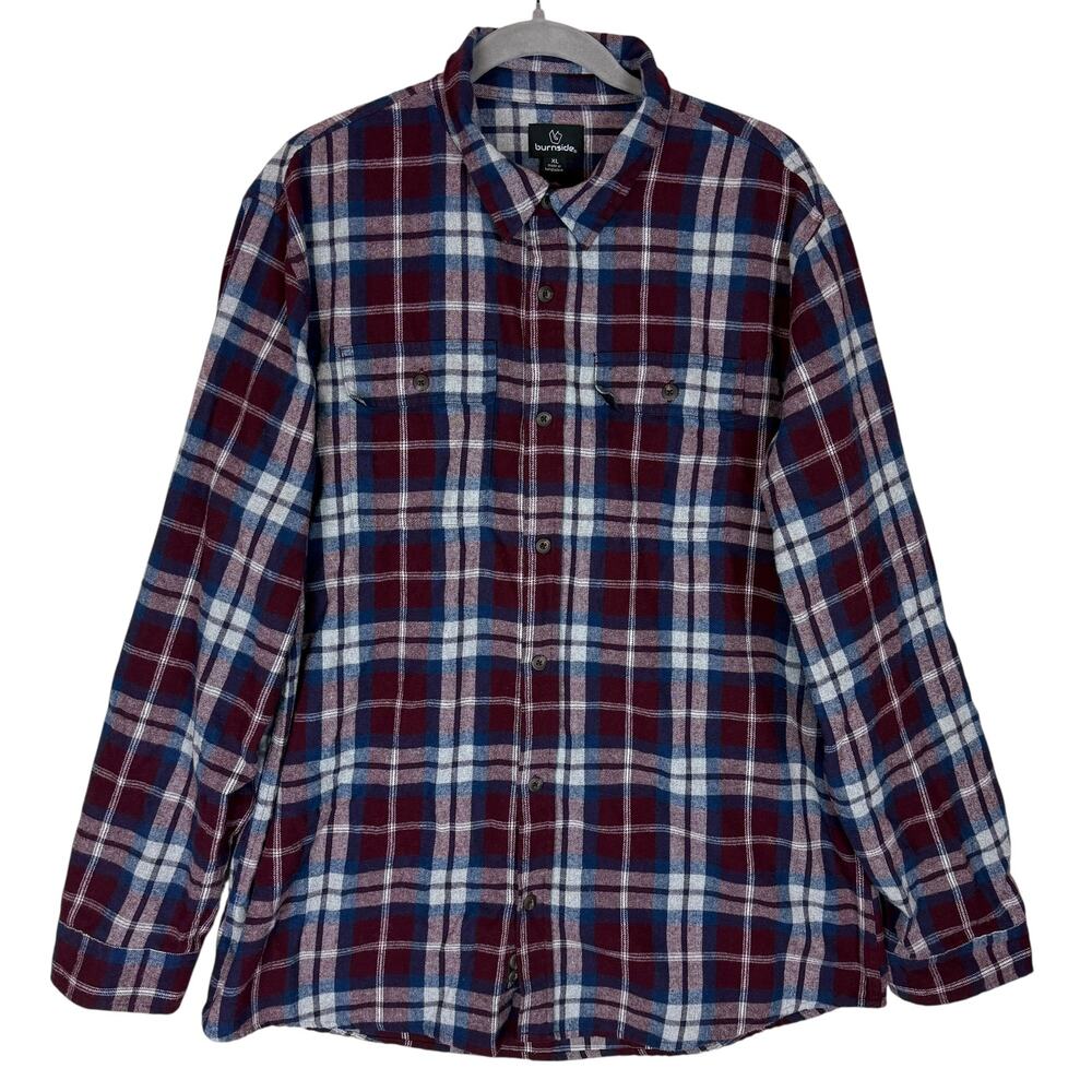 Burnside Flannel Shirt‎ Mens XL Burgundy Plaid Cotton Long Sleeve Extra Soft